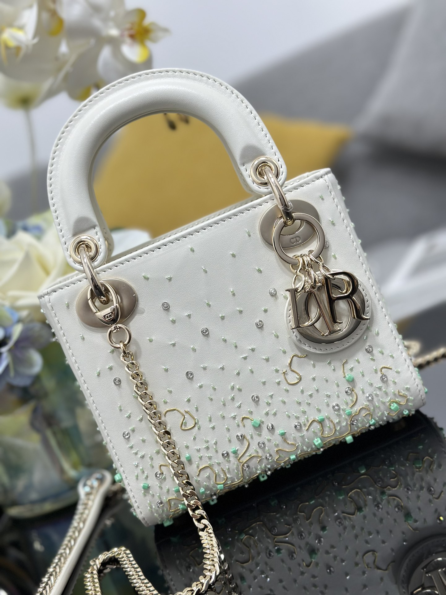 Mini Lady Dior Bag White Calfskin Embroidered with Mint Green Bead